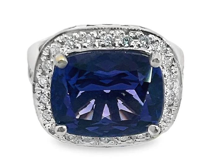 Rings with vintage-inspired rose-cut diamonds -18W Cushion Tanzanite and Diamond Halo Ring sz 8