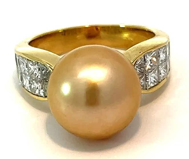 Rings with double bands for modern twist -18Y Invisible Set Diamond and 12mm Golden Sterling Silver Pearl Ring sz 7