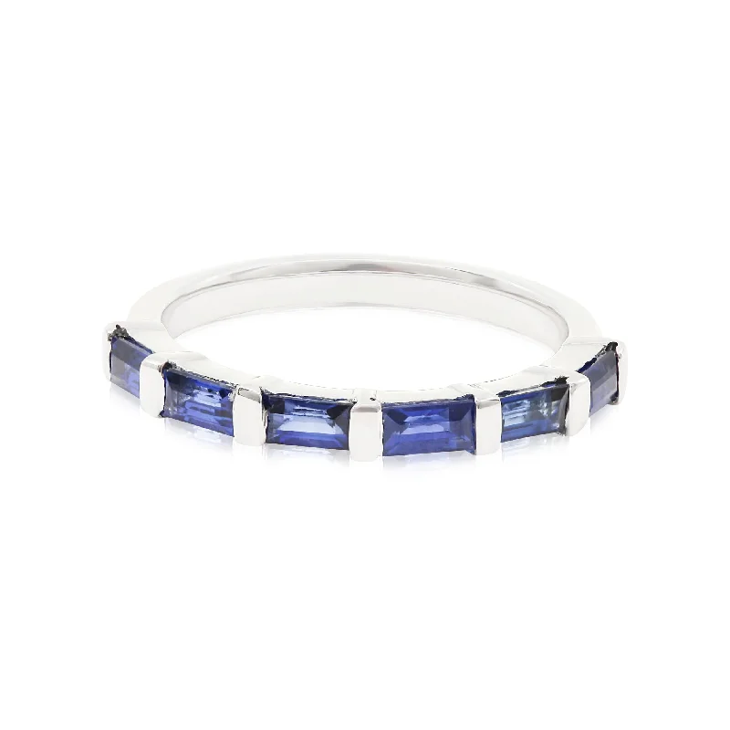 Rings with rainbow moonstone for color play -14K WHITE GOLD BAGUETTE SAPPHIRE BAR-SET RING