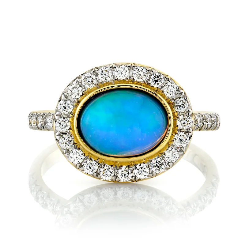 Rings with vintage-inspired rose-cut diamonds -SLOANE STREET 18K YELLOW GOLD ETHIOPIAN OPAL AND DIAMOND HALO RING