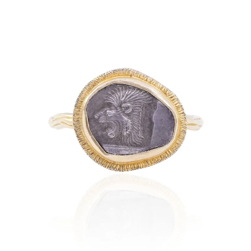 Rings with raw citrine for sunny charm -STEVEN BATTELLE OXIDIZED STERLING SILVER AND 18K YELLOW GOLD ANCIENT LION COIN RING