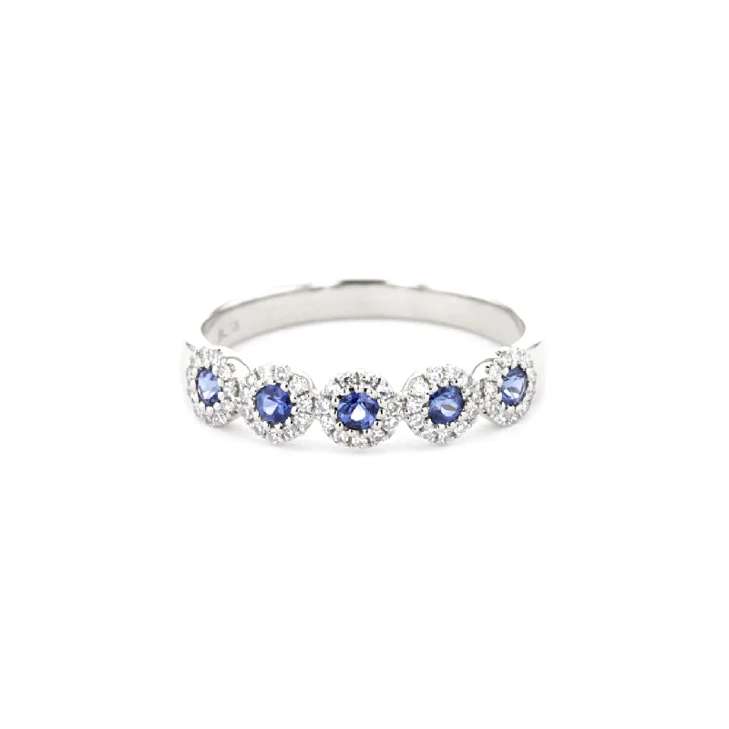 Platinum rings with sparkling sapphire center stones -4.4mm Alexis 5-Stone Halo Sapphire Ring