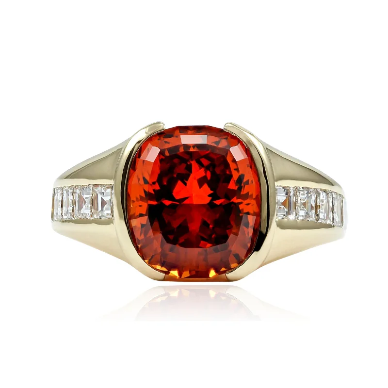 Handcrafted rings with raw emerald rough stones -Exclusively by Nina 18K Yellow Gold Mandarin Garnet and Diamond Ring