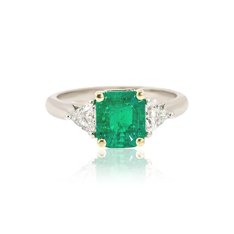 Rings with channel-set turquoise for color -PLATINUM AND 18K YELLOW GOLD EMERALD AND TRILLIANT CUT DIAMOND THREE-STONE RING