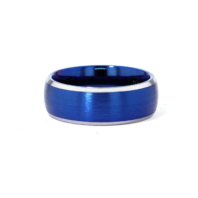 Rings with black diamond for striking contrast -8.0mm Satin and Bevel Edge Blue and Gray Tungsten Ring