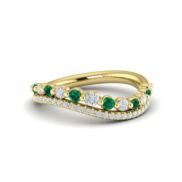 Rings with vine-wrapped bands for nature -14K YELLOW GOLD 2-ROW WAVY DIAMOND AND EMERALD RING