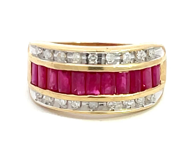 Rings with knot motifs for symbolic love -Baguette Ruby and Diamond Border Triple Row Wide Band Ring in 14k Yellow Gold