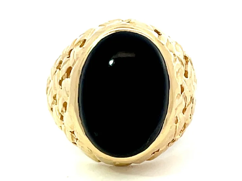 Rings with wide bands for statement wear -Black Oval Onyx Cabochon Ring in 14k Yellow Gold