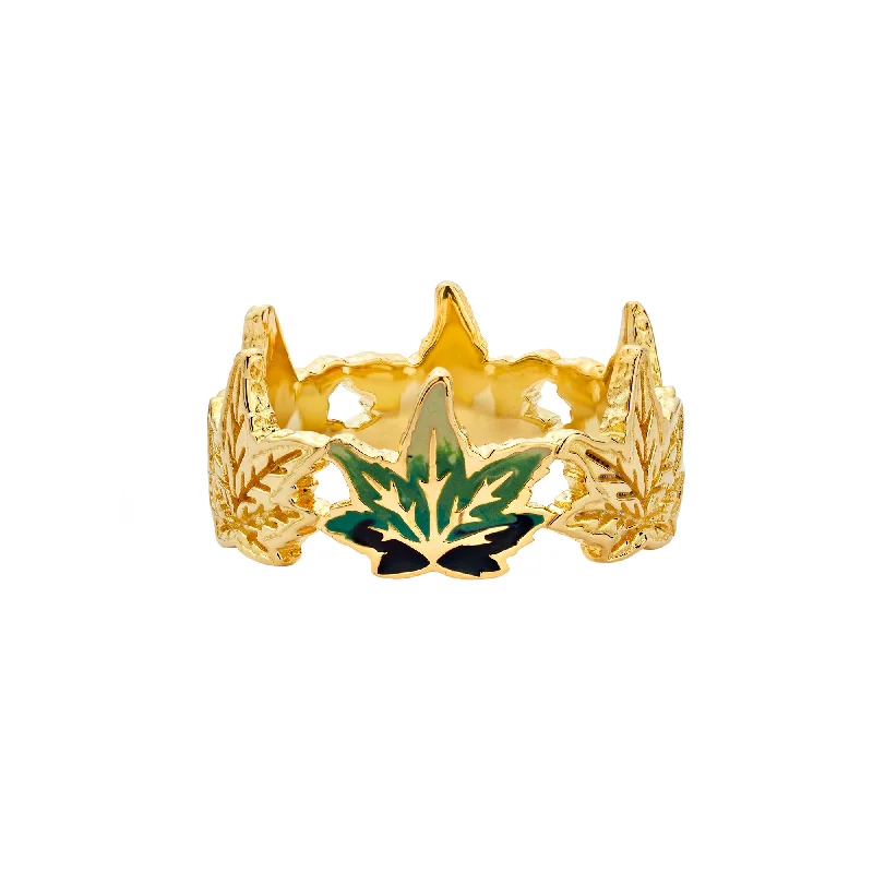 Rings with sunburst citrine for radiant appeal -Enamel Weed Leaf Ring