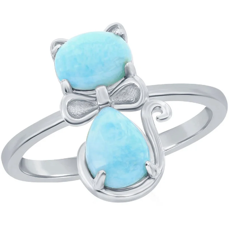 Rings with faceted aquamarine for sea glow -Caribbean Treasures Women's Blue Larimar Cat Ring - W-2811