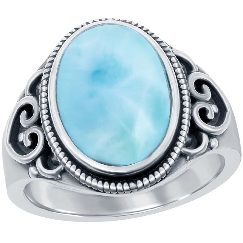 Rings with sleek black agate for edge -Caribbean Treasures Women's Larimar Oxidized Ring - W-2681