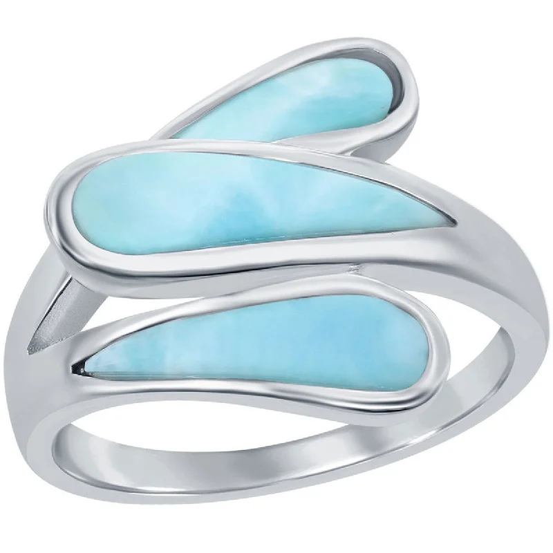 Rings with etched floral bands for detail -Caribbean Treasures Women's Triple Larimar Ring - W-2684