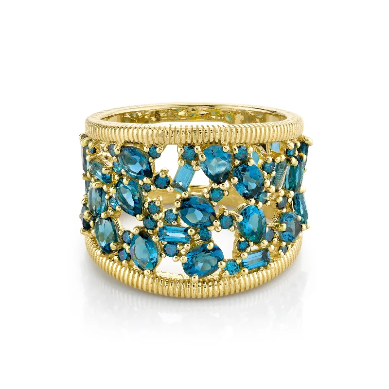 Vintage rings with engraved floral band designs -SLOANE STREET 18K YELLOW GOLD BLUE TOPAZ AND BLUE DIAMOND CLUSTER COCKTAIL RING