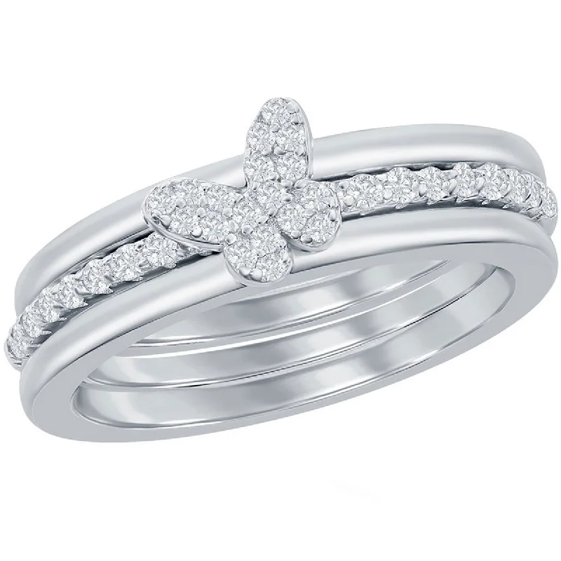 Rings with hammered silver for rustic appeal -Classic Women's 3-pc Micro Pave CZ Butterfly Ring - W-2691