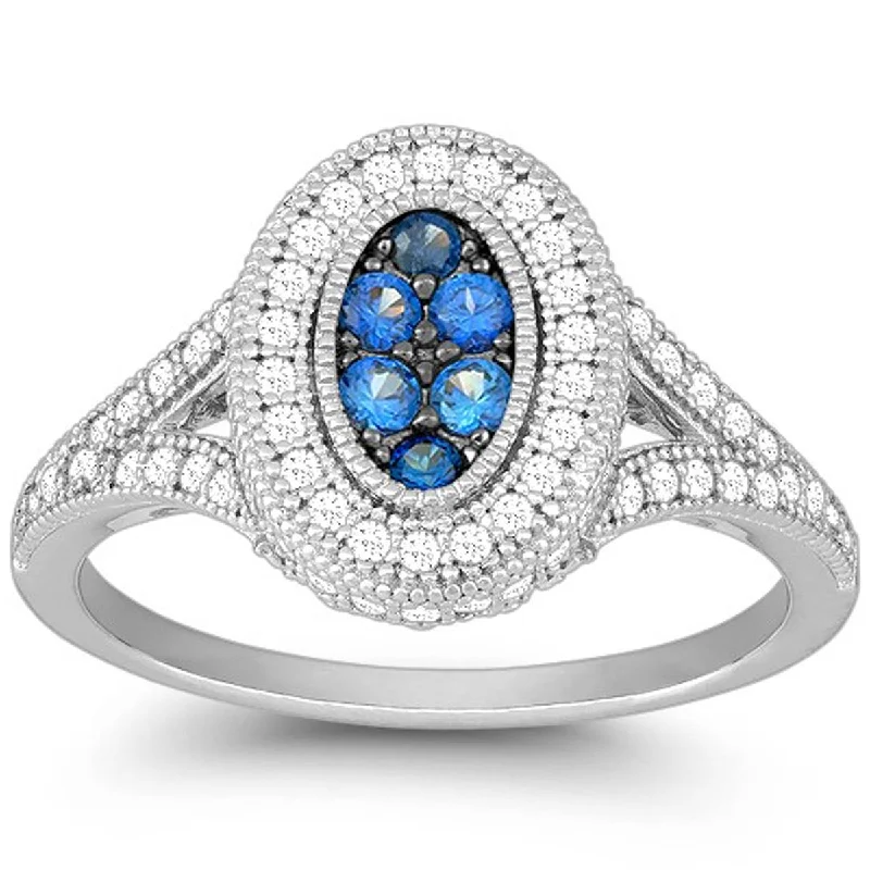 Rings with peacock ore for iridescent glow -Classic Women's Blue Sapphire and Pave CZ Ring - W-9909