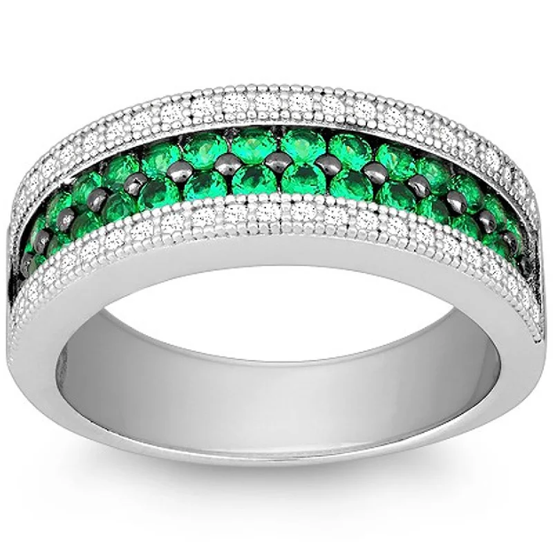 Rings with rose quartz for soft romance -Classic Women's Emerald and White CZ Pave Ring - W-9900