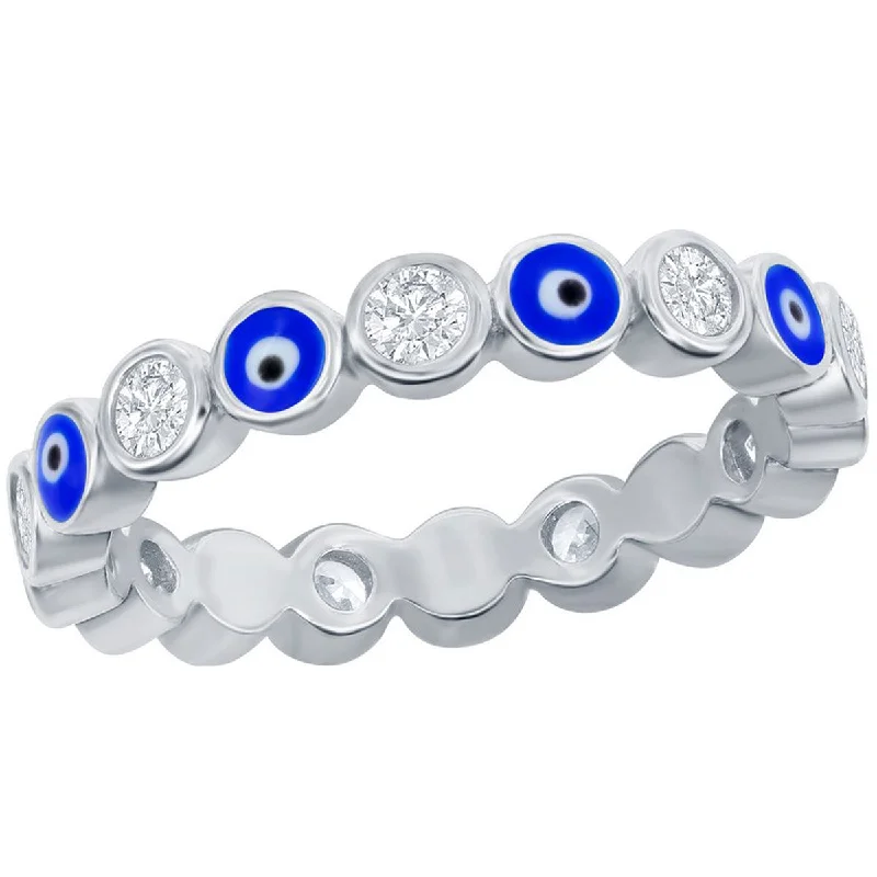 Rings with crescent moon for lunar charm -Classic Women's Evil Eye Enamel and White CZ Ring - W-2889