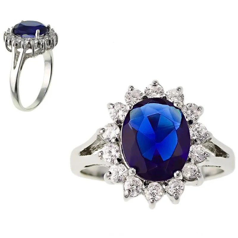 Rings with vine-wrapped bands for nature -Classic Women's Oval Sapphire and Clear CZ Ring - W-9207