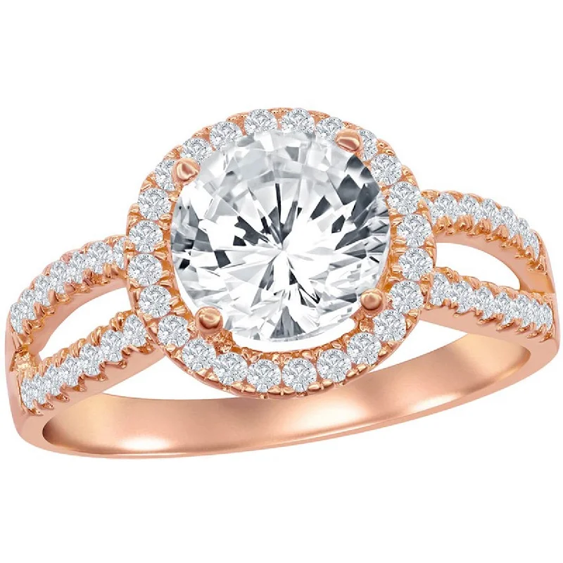 Titanium rings with rugged brushed metal look -Classic Women's Rose Gold Halo Style CZ Ring - W-1828