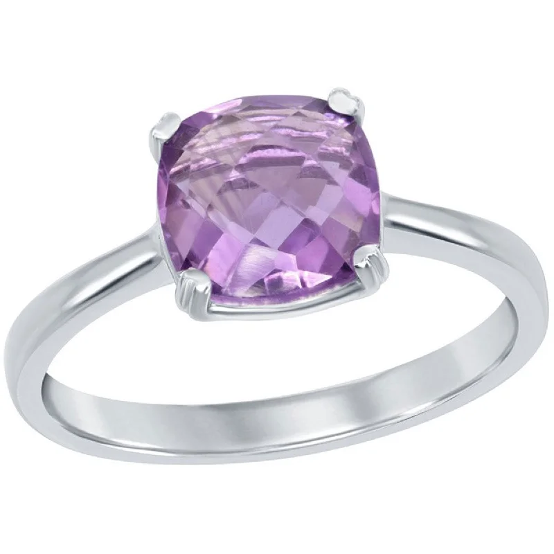 Rings with peacock ore for iridescent glow -Classic Women's Silver Cushion-cut Amethyst Ring - W-1483