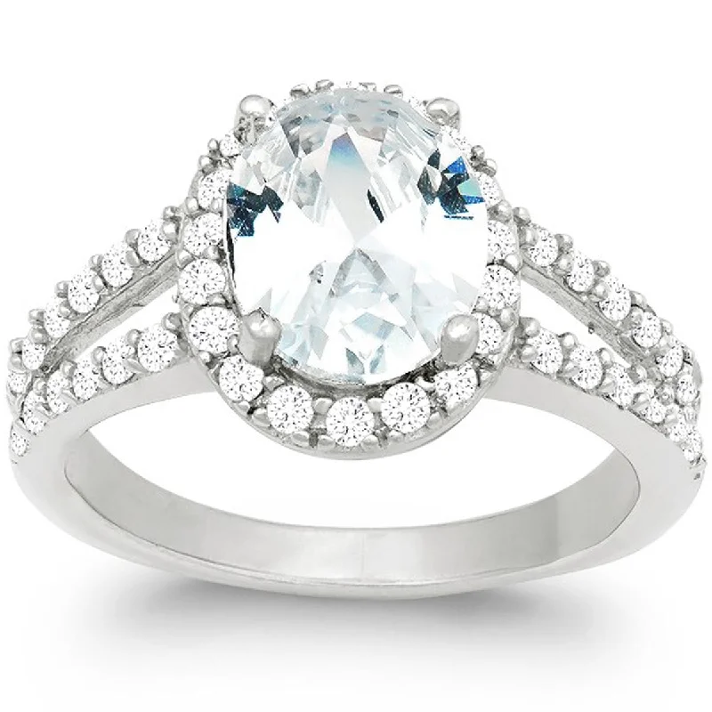 Rings with rainbow moonstone for color play -Classic Women's Silver Large CZ Engagement Ring - W-9891