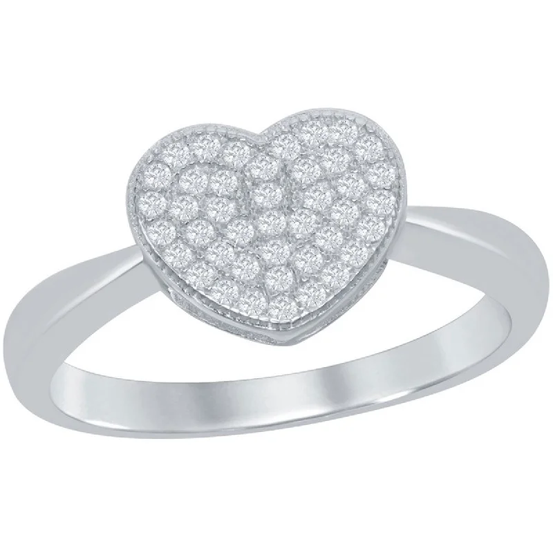 Rings with adjustable bands for perfect fit -Classic Women's Silver Micro Pave CZ Heart Ring - W-9621