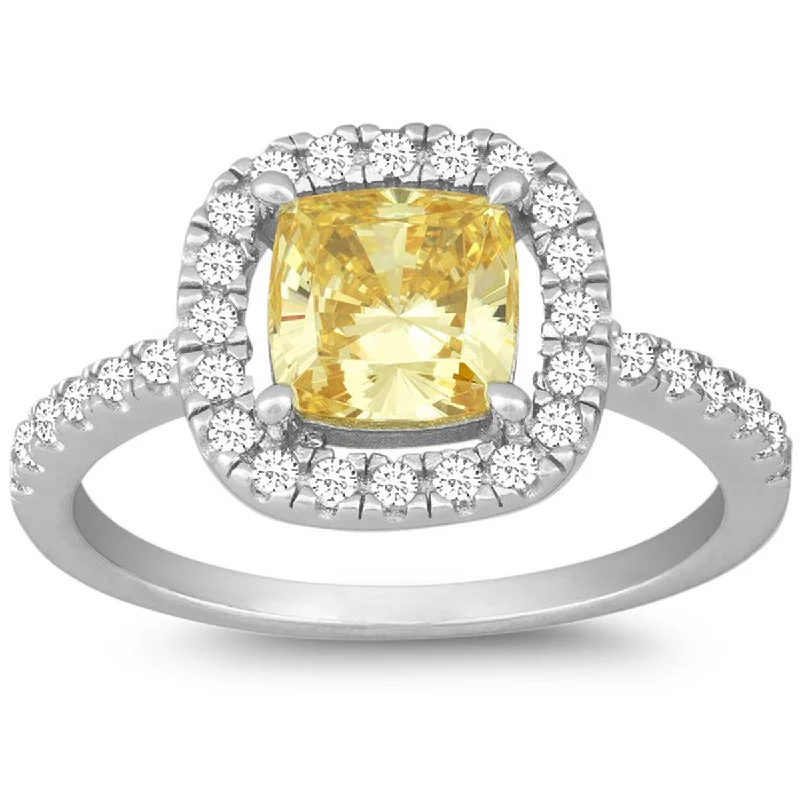 Rings with star sapphire for unique glow -Classic Women's Square Canary and White CZ Ring - W-9905