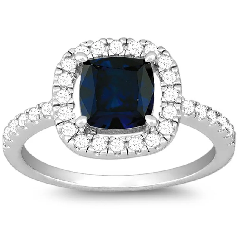 Rings with rainbow moonstone for color play -Classic Women's Square Sapphire and White CZ Ring - W-9912