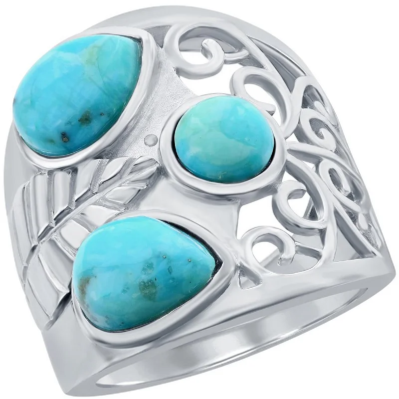 Rings with tiger eye bands for warmth -Classic Women's Turquoise Leaf Designed Ring - W-2734