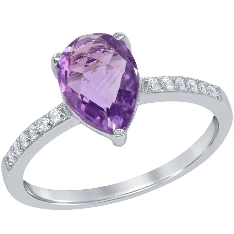 Rings with floral amethyst for romantic touch -Classic Women's White Topaz and Amethyst Gem Ring - W-1354