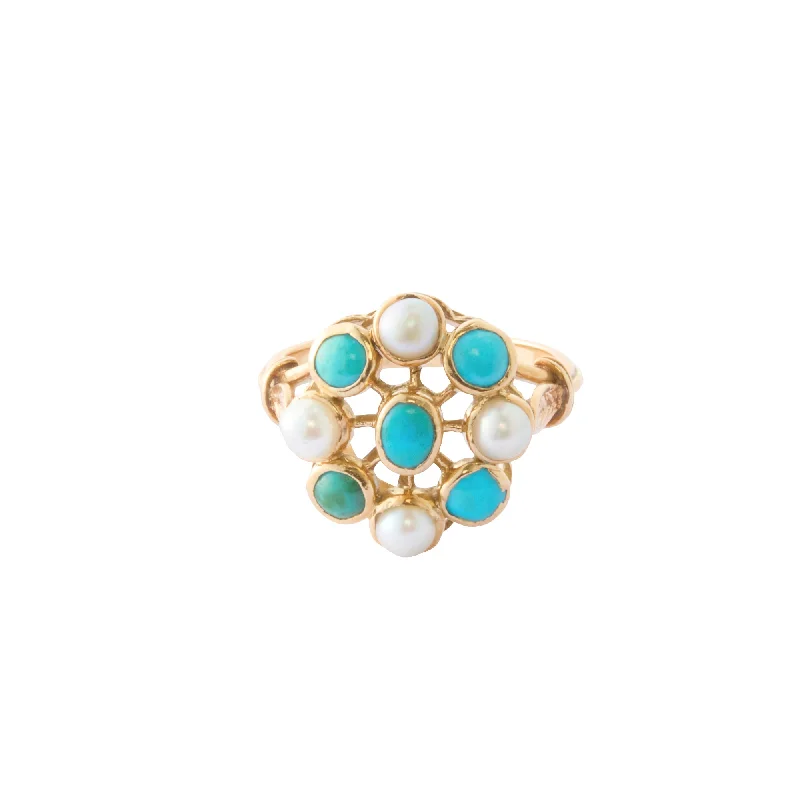 Rings with moonstone gems for ethereal glow -Cluster Ring - Engraved Turquoise and Pearl