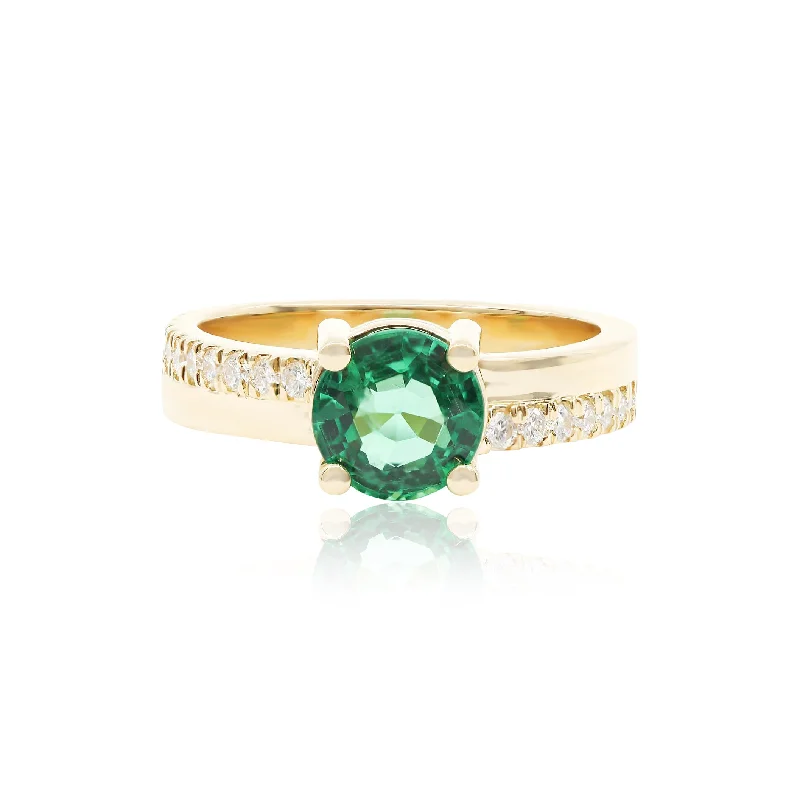 Rings with rough peridot for green texture -18K YELLOW GOLD EMERALD AND DIAMOND MELEE BYPASS RING