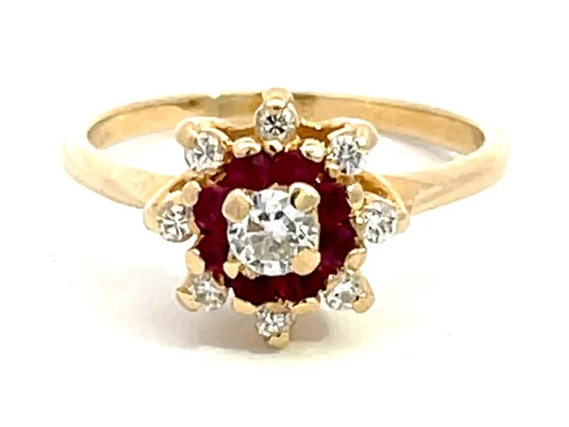 Rings with wave patterns for ocean vibes -Diamond Ruby Halo Flower Ring in 14k Yellow Gold