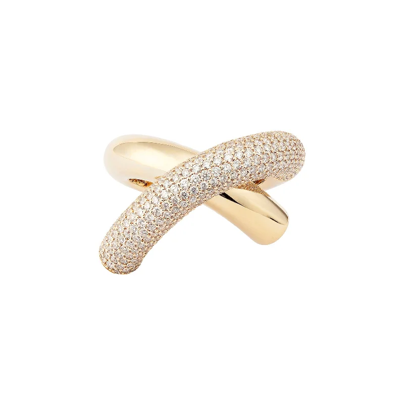 Rings with crescent moon for lunar charm -Half Pave Diamond Big Cross Loop Ring - Yellow Gold