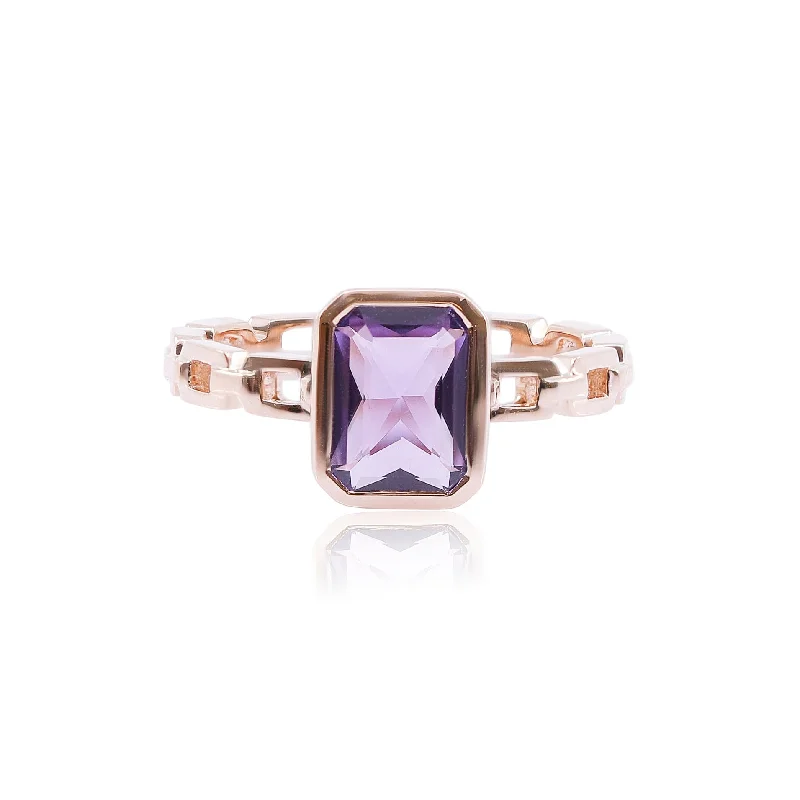 Rings with hexagon-cut stones for trendiness -18K ROSE GOLD BEZEL-SET CUSHION AMETHYST CHAIN STYLE RING