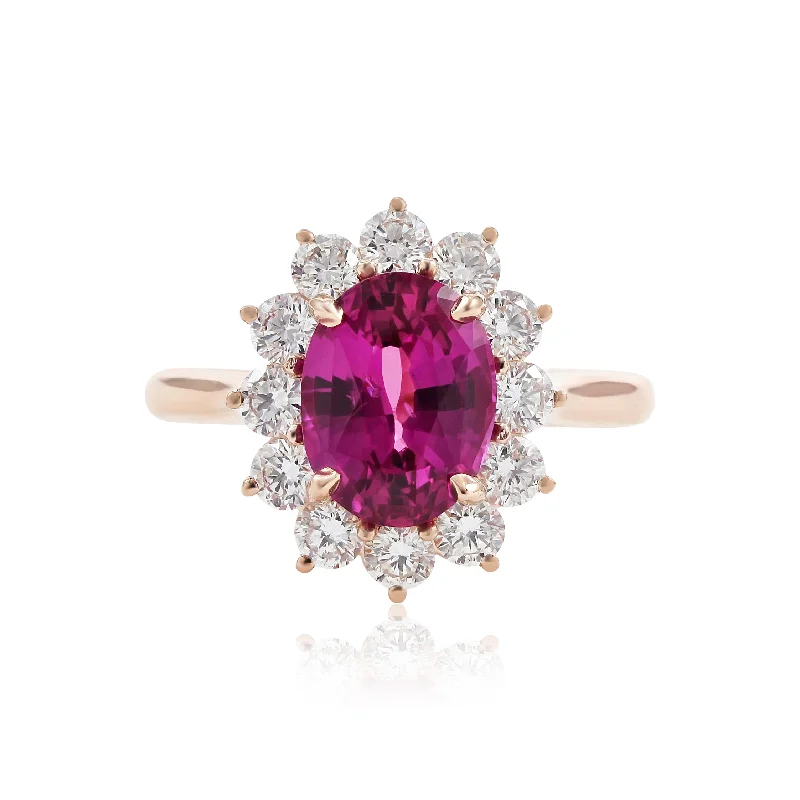 Rings with raw garnet stones for texture -18K ROSE GOLD FUCHSIA SAPPHIRE DIAMOND HALO RING