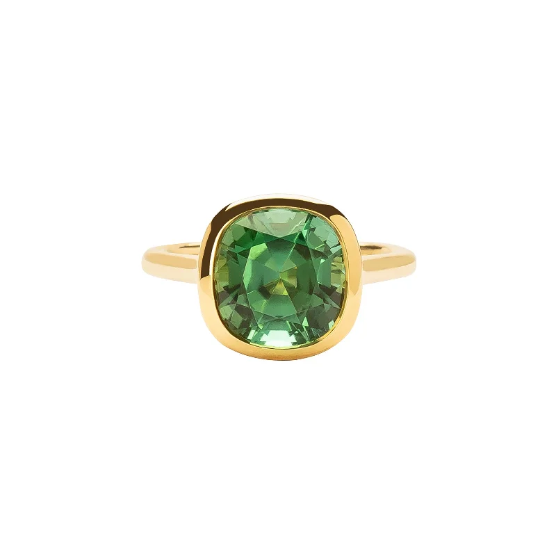 Rings with shield-shaped stones for boldness -Lagoon Green Tourmaline Ring - Cushion Cut