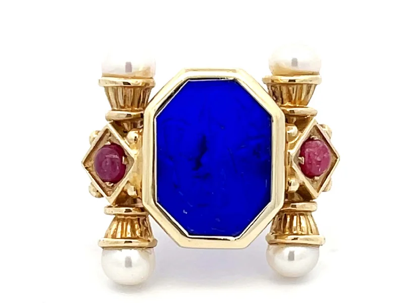 Rings with spiral designs for eye-catching twist -Large Vintage Blue Glass Cameo Ruby and Pearl Ring in 14k Yellow Gold