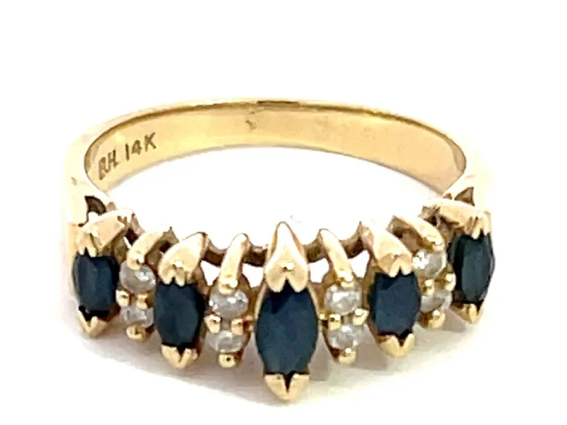 Stackable rings with mixed metal finishes -Marquise Blue Sapphire and Diamond Band Ring in 14k Yellow Gold