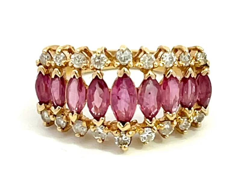 Rings with branch-inspired bands for organic -Marquise Ruby and Diamond Border Triple Row Ring in 14k Yellow Gold