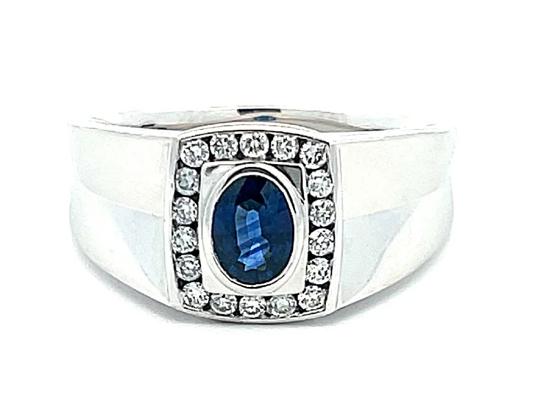 Rings with topaz stones for icy blue -Mens Oval Sapphire Center and Diamond Halo Ring in 14k White Gold