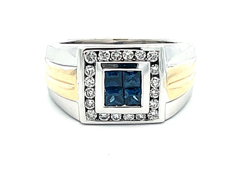 Rings with oxidized silver for antique appeal -Mens Princess Cut 4 Sapphire Center and Diamond Halo Ring in 14k Gold