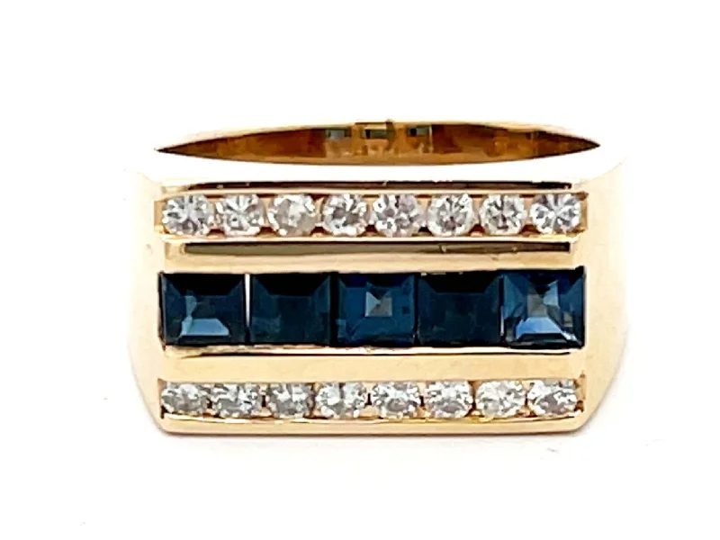 Rings with tourmaline gems for bold hues -Mens Sapphire and Diamond Row Ring in 14k Yellow Gold