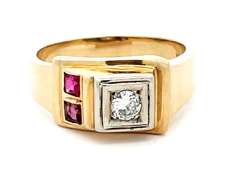 Rings with smoky quartz for muted elegance -Mens Vintage Ruby and Diamond Retro Ring in 14k Yellow Gold