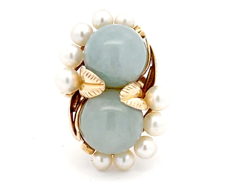 Rings with raw topaz for icy charm -Mings Double Jade Ball and Pearl Leaf Design Ring in 14k Yellow Gold