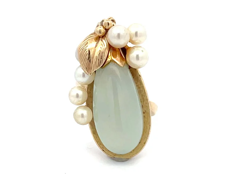 Rings with natural amber for warm glow -Mings Eggplant Shaped Jade and Pearl Leaf Ring in 14k Yellow Gold