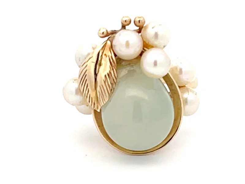 Rose gold rings featuring delicate pearl inlays -Mings Green Pear Shaped Jade and Pearl Leaf Design Ring in 14k Yellow Gold