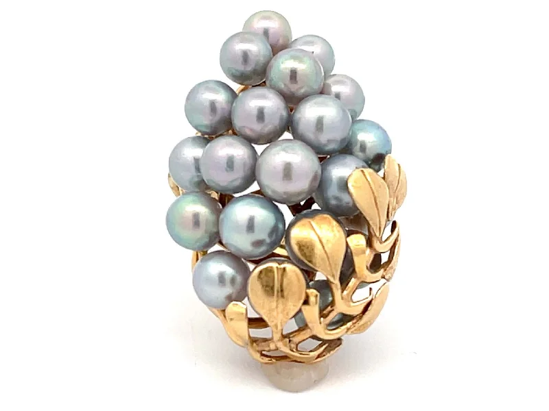 Rings with pink sapphire for delicate charm -Mings Large Silver Pearl and Leaf Ring in 14k Yellow Gold