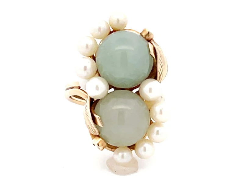 Rings with engraved constellations for stargazers -Mings Pale Green Jade Pearl and Leaf Ring in 14k Yellow Gold