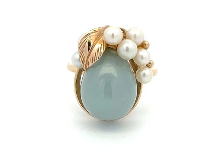 Rings with sunburst citrine for radiant appeal -Mings Pear Shaped Jade and Pearl Ring in 14k Yellow Gold